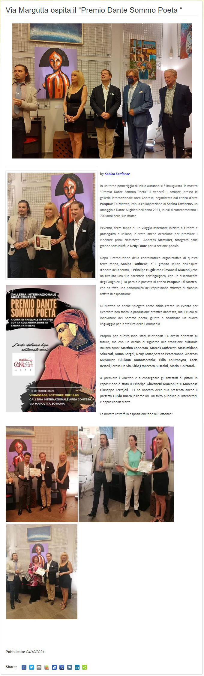 Articolo Evento Premio Dante Sommo Poeta su romameeting.it - Anno 2021